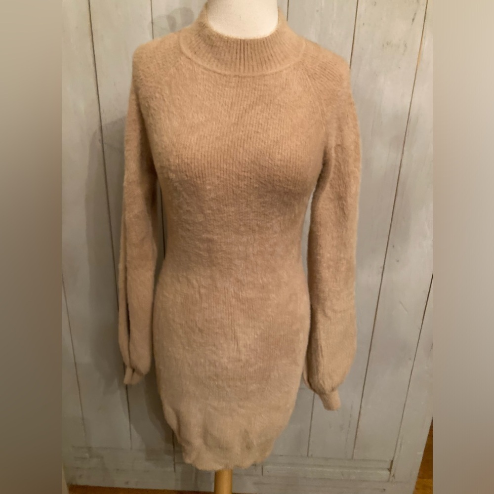 Blue Blush Sweater Mock Turtleneck Dress Womens medium Taupe Mini